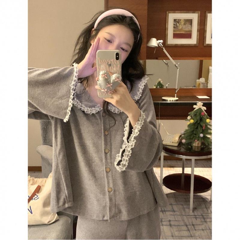 Korean Style Pajama Set: Women's Cute Lace Doll Collar, Long Sleeve & Pants for Spring/Autumn