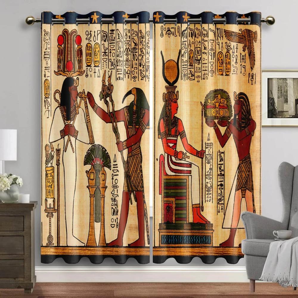 Egyptian Window Panel Drapes designed for Living Room Room Egypt Hieroglyphics Old Logographic Details and Alphabetic Elements Window Drapes 2 pcs