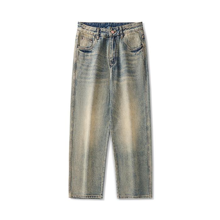 American Classic Style Washing and Old Yellow Mud Jeans Men and Womens Same Comfortable Fit Straight Wide-leg Trousers