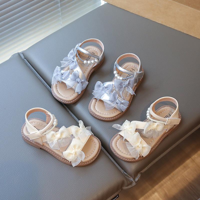 Girls Beach Shoes Open Toes Breathable Kids Sandals Non-slip Hook&loop 2025 Summer New Children Princess Shoes Lace Bows Sweet