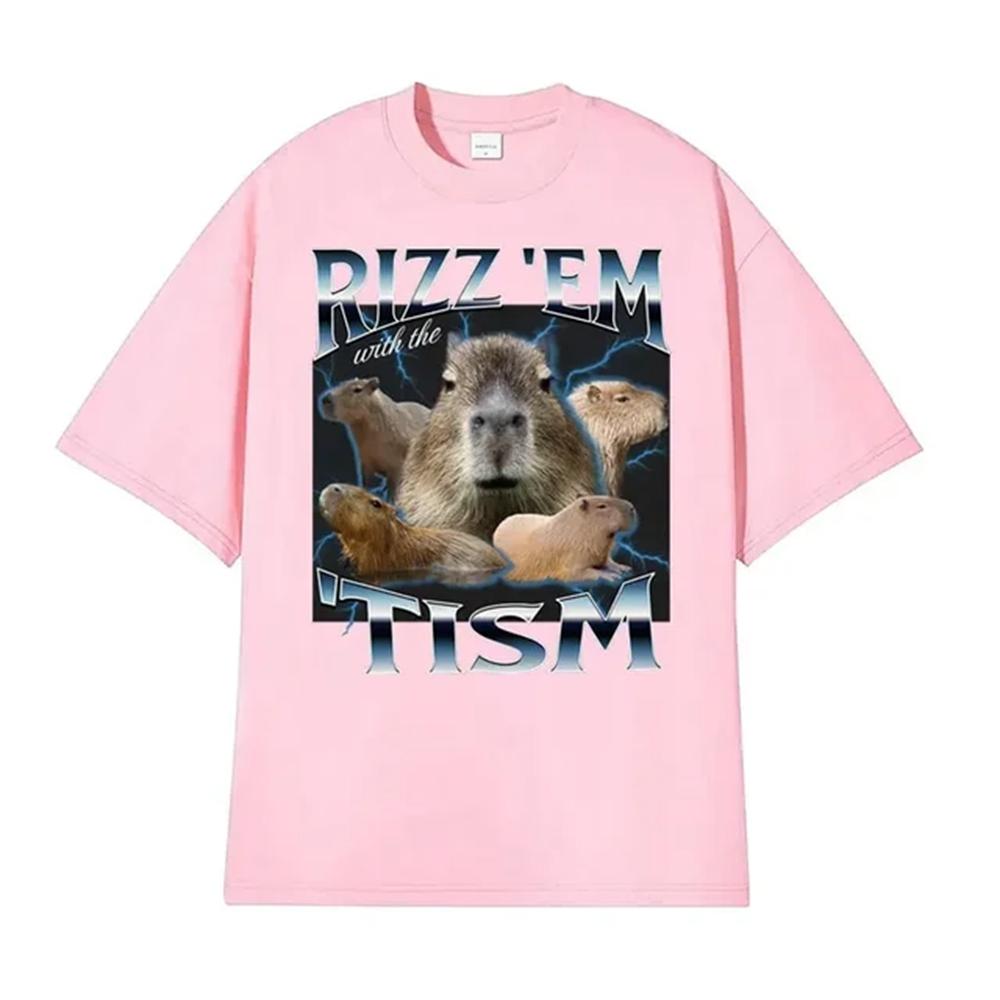 Rizz Em with The Tism Retro T Shirt Funny Cute Kawaii Capybara Meme T-shirt Men's Women Casual Fashion Humor Short Sleeve 82904