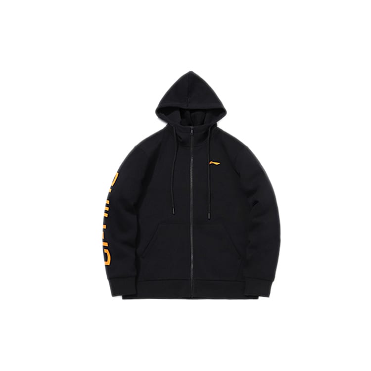 Li Ning Sports Fashion Collection Logo Print Fleece Lined Thermal Hooded Zippers Jacket Unisex New Standard Black AWDPD23-11