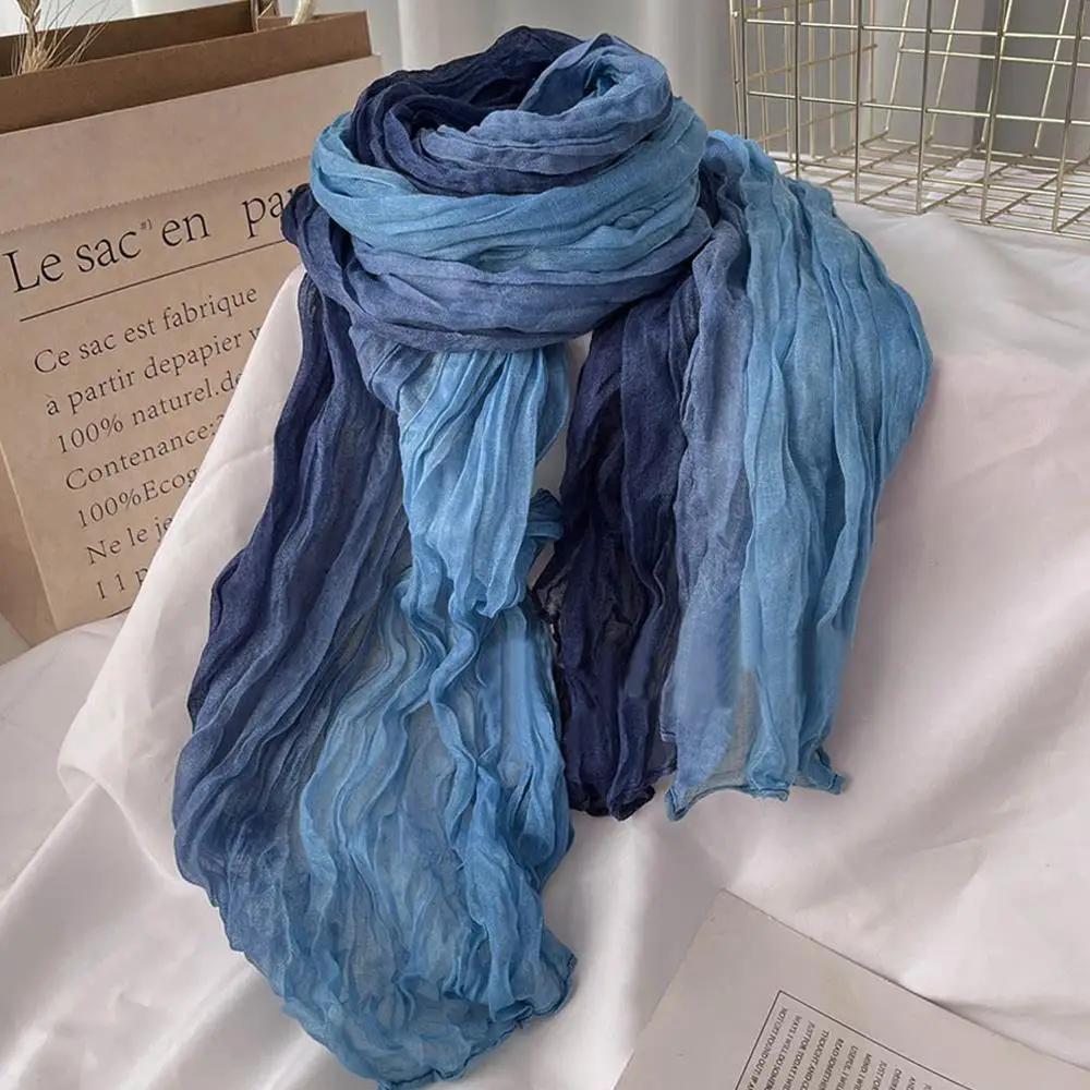 180x90cm Scarf Cotton Hemp Gradient Blue Autumn Winter Korean Versatile Printed Women Long Soft Fashionable Trend Fold Shawl DIY