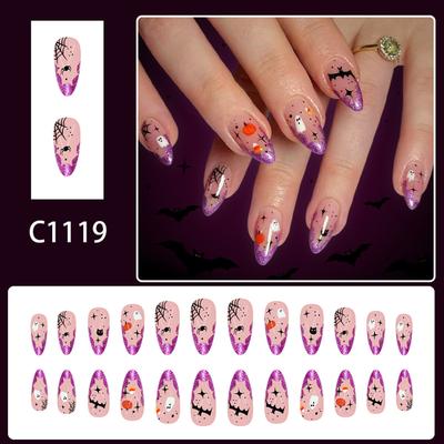 24 Stück Halloween Press-On Nägel Dunkles Glitzerndes Spinnennetz Geisterkürbis Design ABS Kein Werkzeug Benötigt