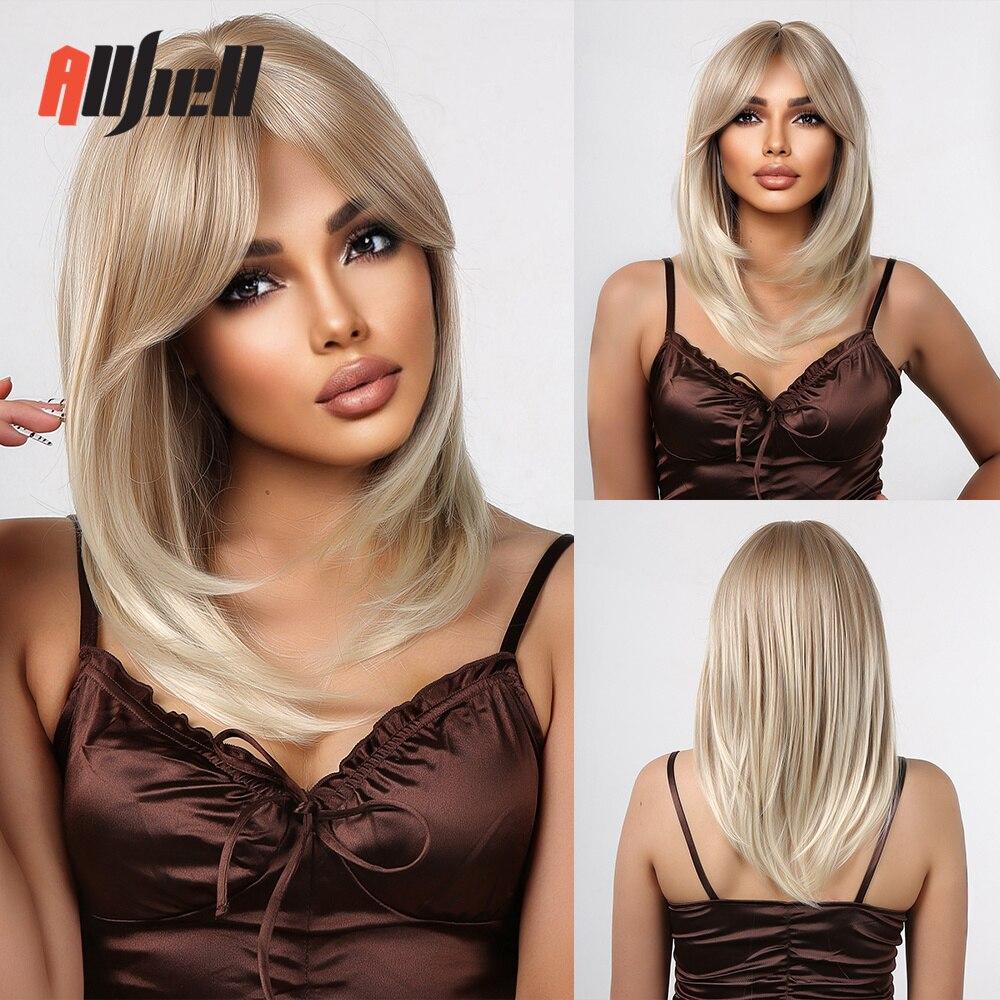 Blonde Brown Ombre Synthetic Wigs Long Layered Highlight Natural Hair Wig with Bangs for Black Women Cosplay Wig Heat Resistant