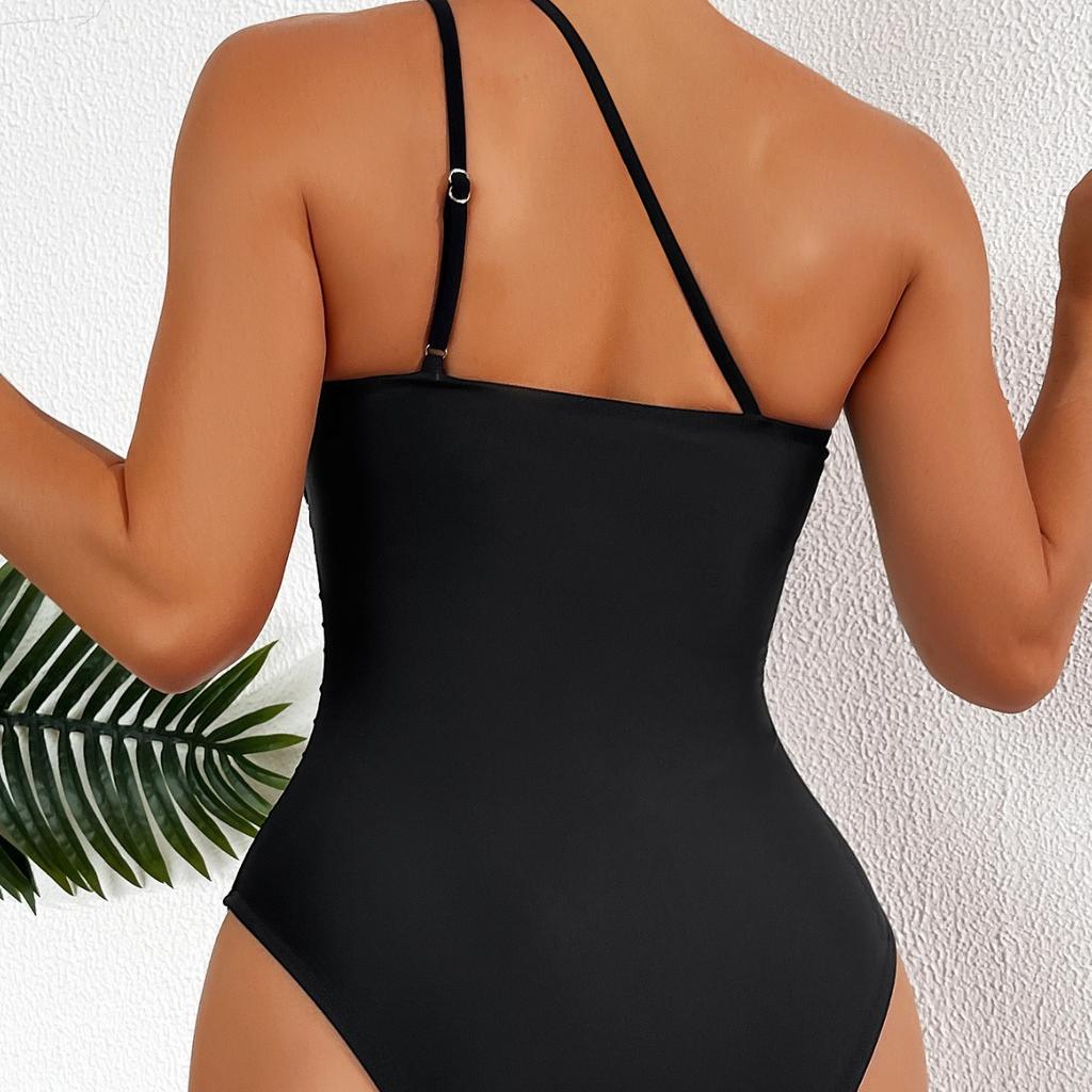 Solid Color One Shoulder Sexy High Waist One Piece Bikini Swimsuit Women Fashion Beach Vacation Elegant Wear