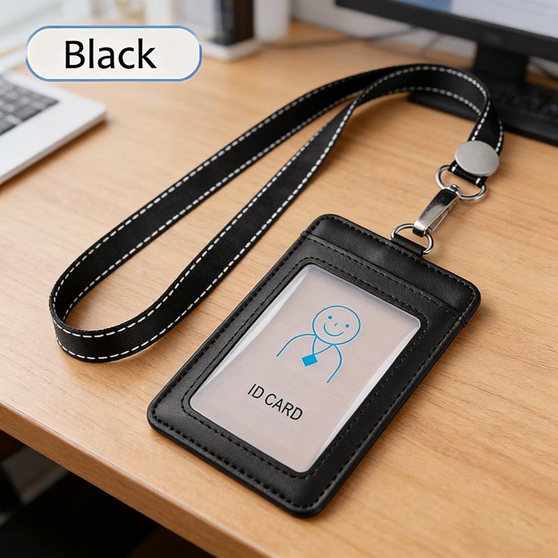 

Second Layer Cowhide ID Badge Holder Business Work Card Holders with Neck Lanyard Women Men Formal Staff Office Worker Supplies ID Card Case чорний