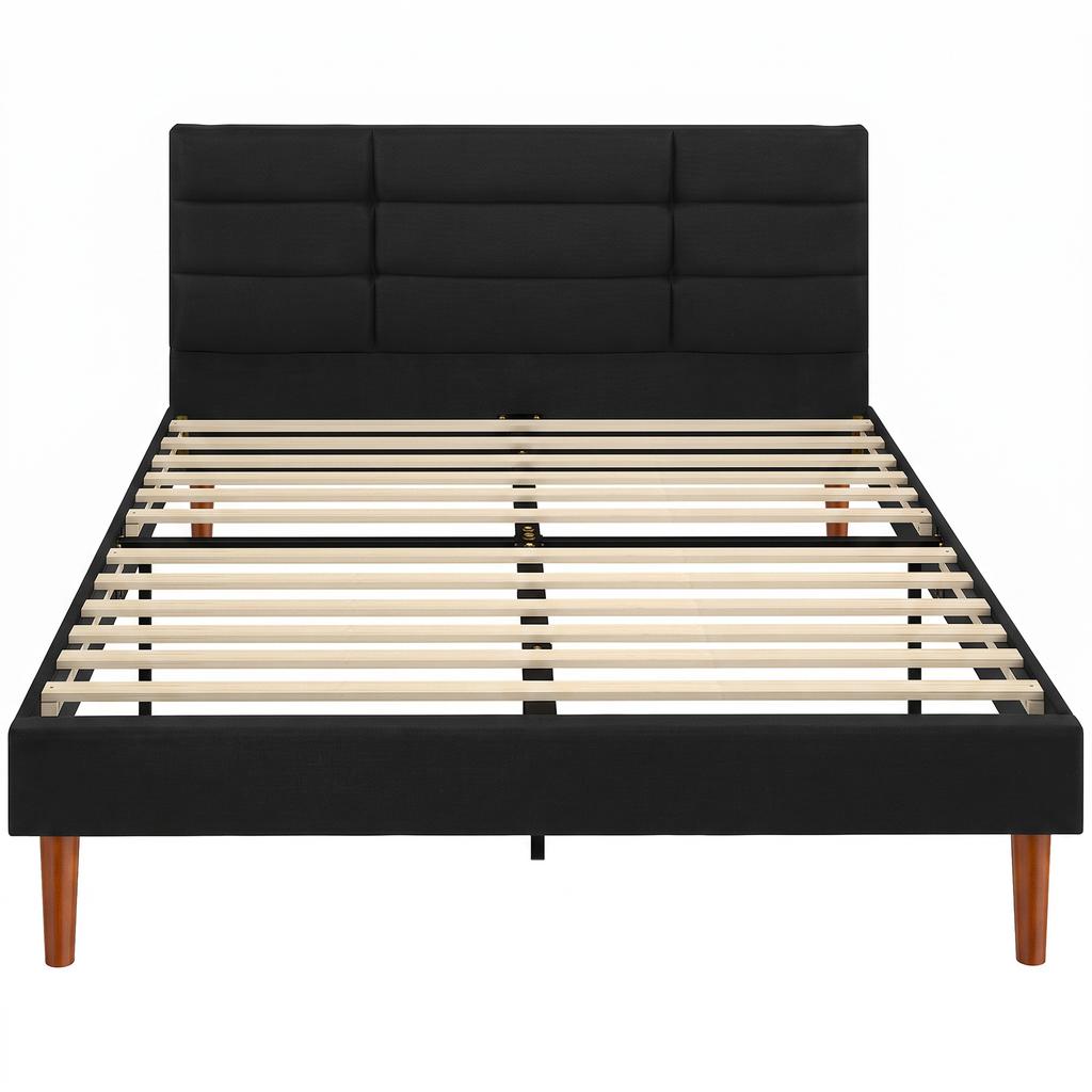 Double Bed Frame, 140 X 200 Cm, Wooden Slatted Base, Linen-Effect, Storage Underneath, Black