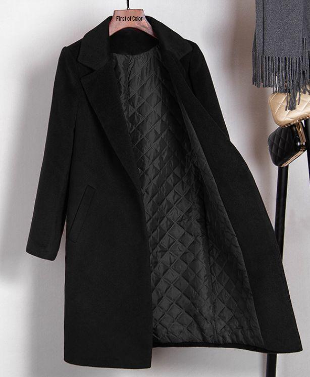 Korean Style Loose Fit Woolen Coat with Cotton Padding - Mid-Length & Slimming Design