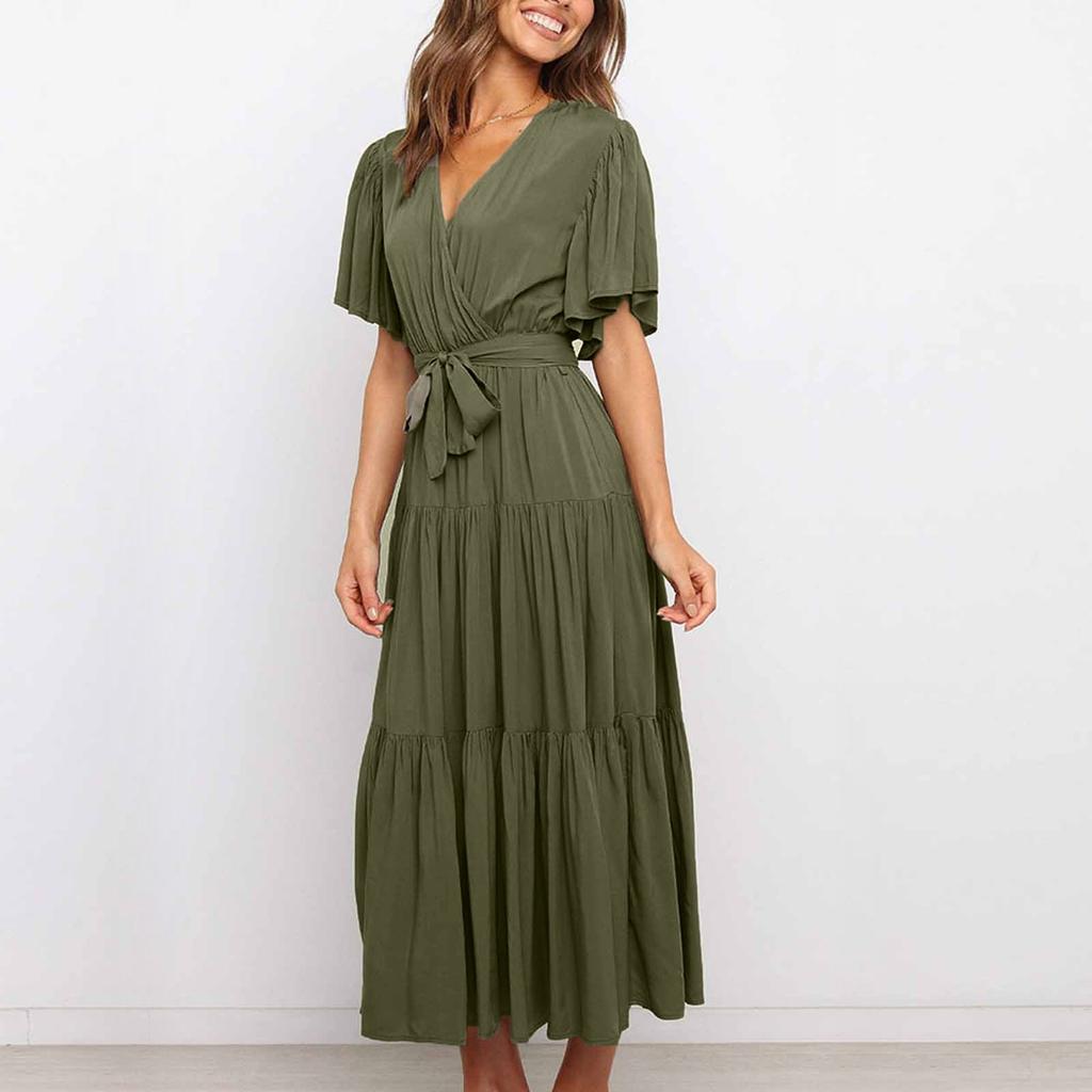 Women's Casual Fashion Color V-neck Lace-up Flared Sleeve Splicing Dress