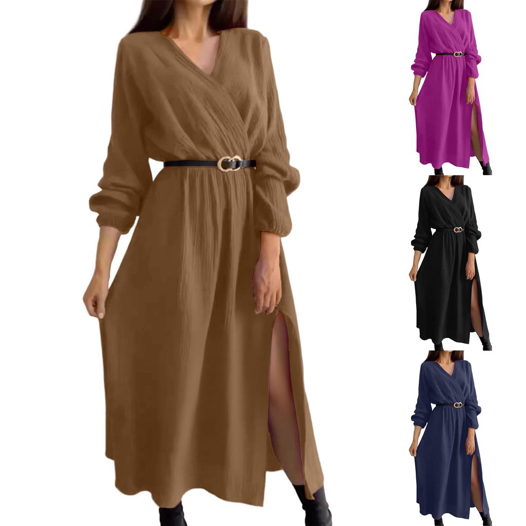 Dámské módní ležérní rozšířené šaty s dlouhým rukávem jednobarevné