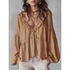 2026 Spring and Autumn Casual Sweet Ruffled Puff Sleeve Pleated Shirt Women's V-Neck Top