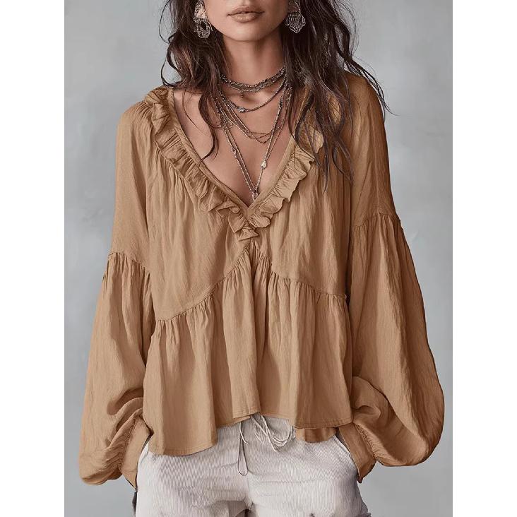 2026 Spring and Autumn Casual Sweet Ruffled Puff Sleeve Pleated Shirt Women's V-Neck Top