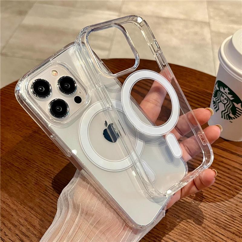 Průhledný magnetický kryt s bezdrátovým nabíjením MagSafe pro iPhone 15 14 Plus 13 12 11 Pro Max Mini s pevným zadním krytem