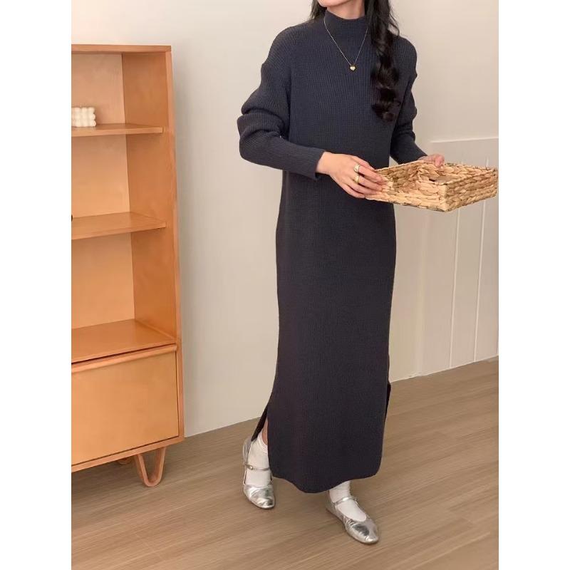 Semi-turtleneck knitted dress autumn and winter with long base over the knee temperament versatile split sweater skirt women
