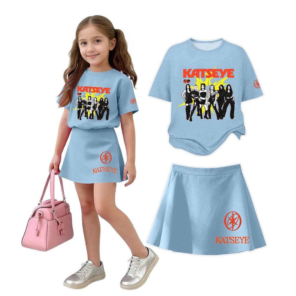 Girls Casual Loose Fit Short Sleeve Crew Neck T-Shirt and Skirt Set Lightweight Comfortable Soft Fabric Suitable for Everyday Wear