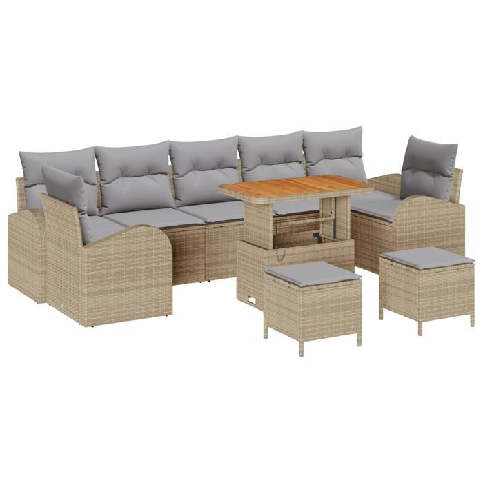 Salon de Jardin 10 pièces avec Coussins Beige en Poly Rattan, Canapé de Jardin 2 places avec Coussins Beige en Poly Rattan, 3362382