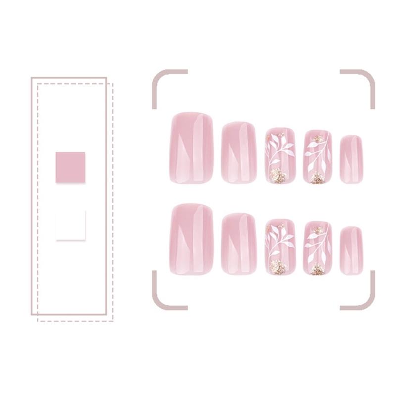 24Pcs Short Square Press On Nail Flowers False Nail Manicure Nail Decors Stick on Nail For DIY Acrylic Nail Art