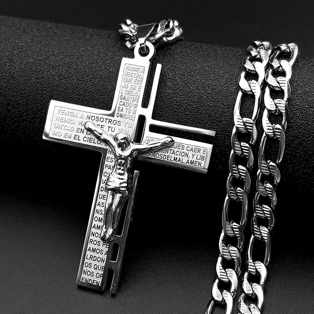 Jesus Kreuz Kruzifix Anhänger Halskette für Männer Edelstahl Goldfarbe Christlich Spanisch Vaterunser Figaro Kette Schmuck