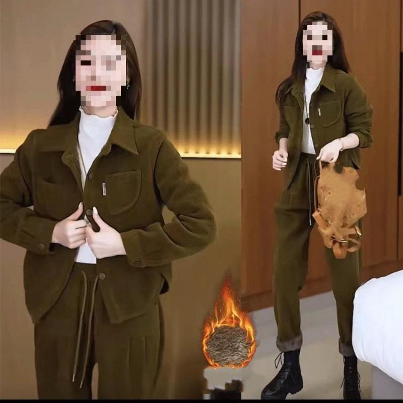 Plus Sametový Zesílený Retro Módní Manšestrový Oblek Dámský Podzimní a Zimní Nadměrná Velikost Západní Ležérní Bunda Dvoudílný Trend