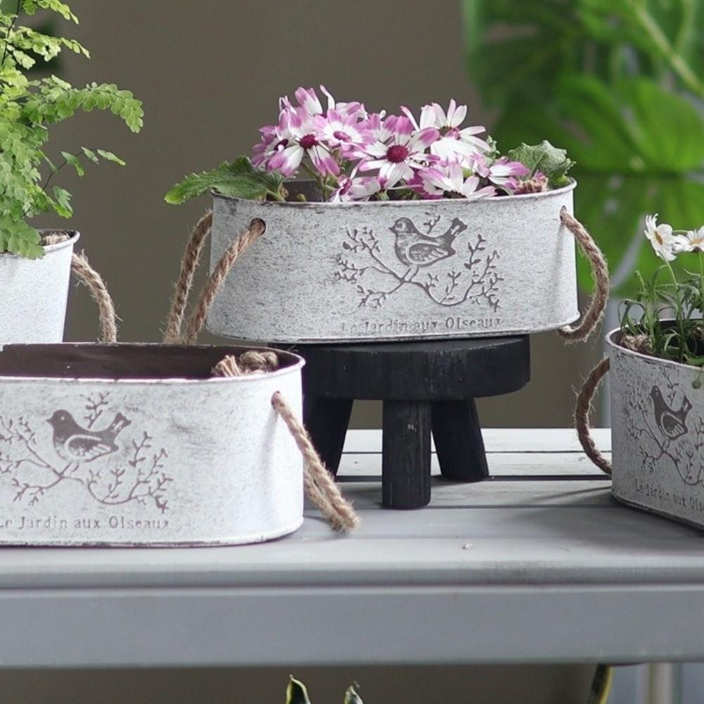 Vintage Style Iron Flower Bucket Distressed Finish Wear-resistant Metal Flower Pot Double Handle Decorative Pot Flower Vase
