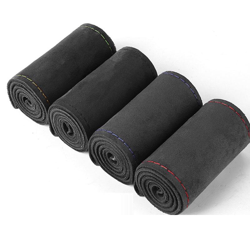 

Чехол на руль автомобиля из замши и коровьей кожи с нитками и иголками, нескользящий, теплый, 37 см 38 см чёрный