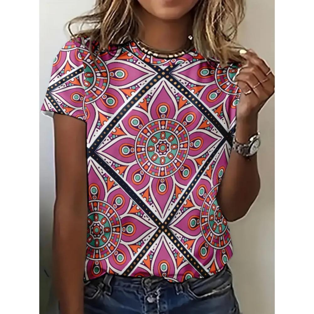 

Colorful Retro Pattern T Shirt For Women Exquisite Ethnic 3D Printed Short Sleeves Tees Summer Casual Loose T-Shirts O-Neck Tops XL