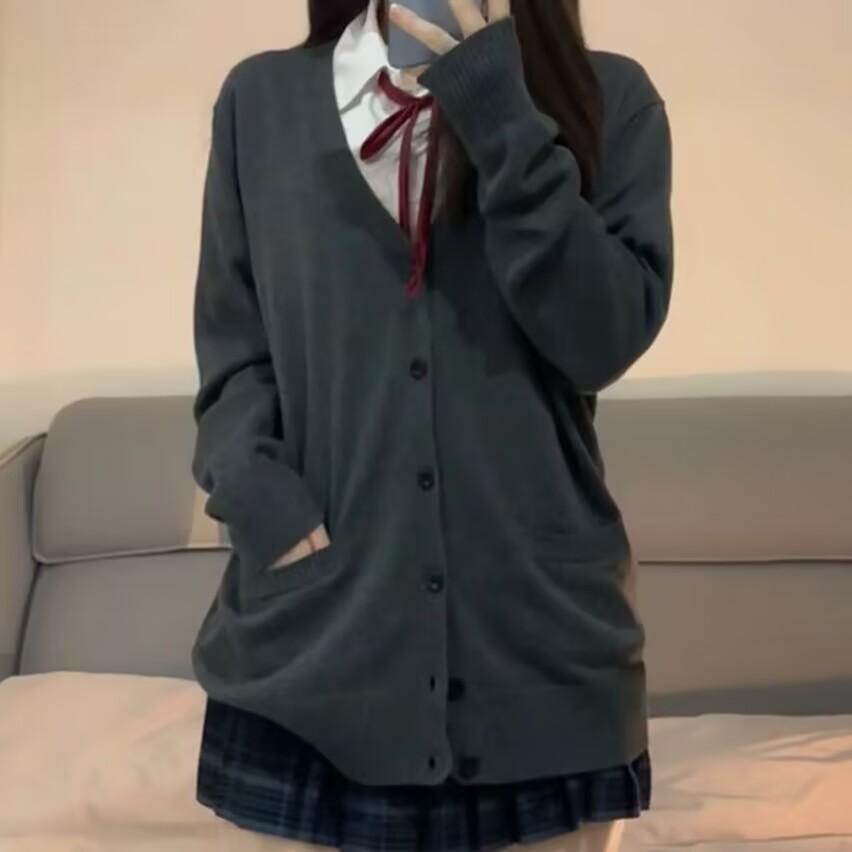 Grå College Tröja Ytterkläder Kofta JK Uniform Höst Vinter Japansk Enfärgad V-ringad Knappar Ficka Lös Tunn Långärmad Stickad