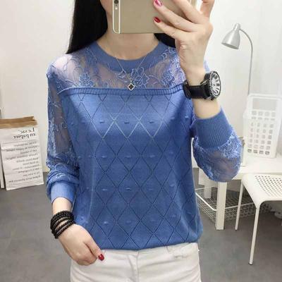 Camiseta feminina gola redonda renda subcapa gelo seda manga comprida solta versátil fina malha camisa top
