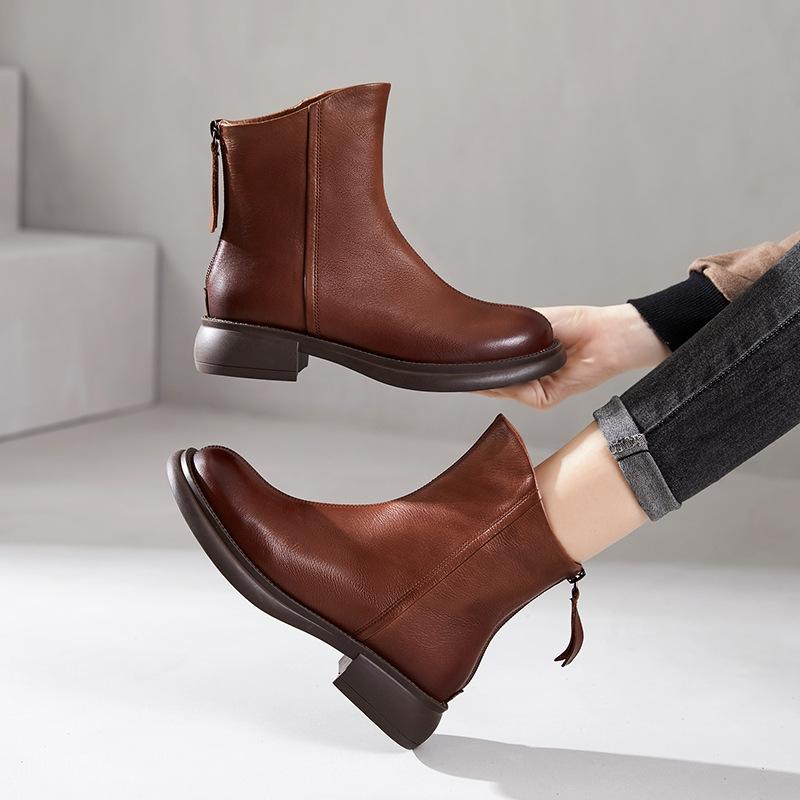 First layer cowhide Chelsea boots women's 2025 autumn and winter new khaki retro leather short boots women's leather boots