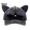 Cat Ear Trucker Hat Hat, Baseball Cap with Detachable Sunglasses, Funny Aviator Style Adjustable Pilot for Outdoor Travel UV Protection Sun Sunglasses