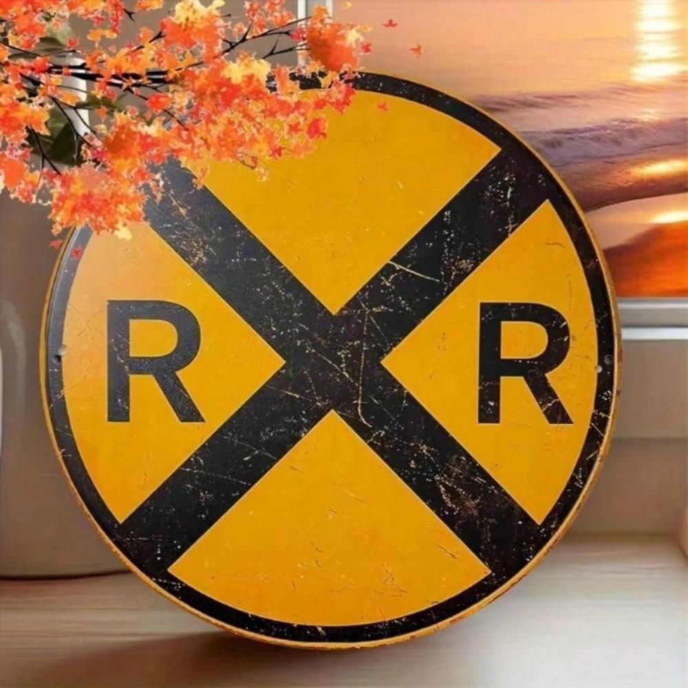 Vintage Railroad Crossing Metal Tin Sign 7.8 Inch Wall Decor Highway Garage Man Cave