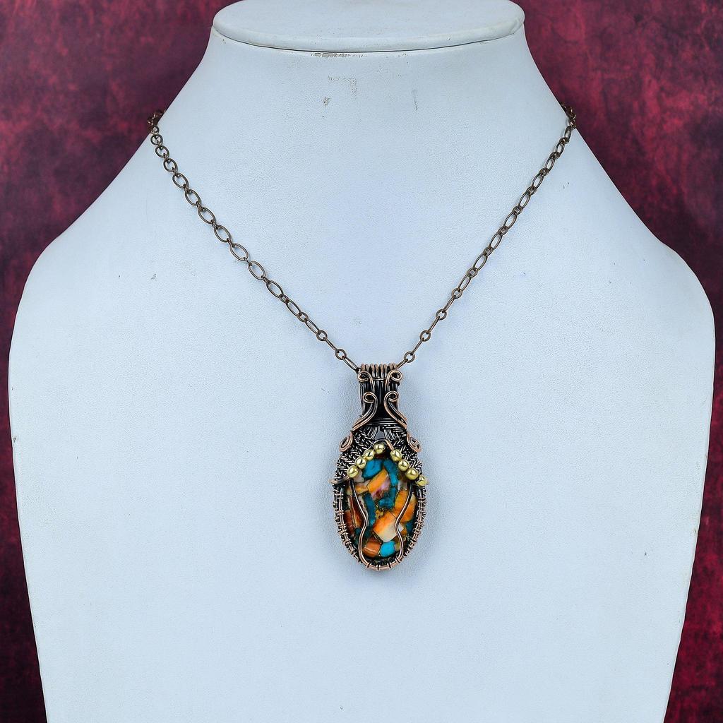 Spiny oyster copper turquoise pendant copper wire wrapped Jewelry natural gemstone pendant copper jewelry gifts for mother handmade jewelry