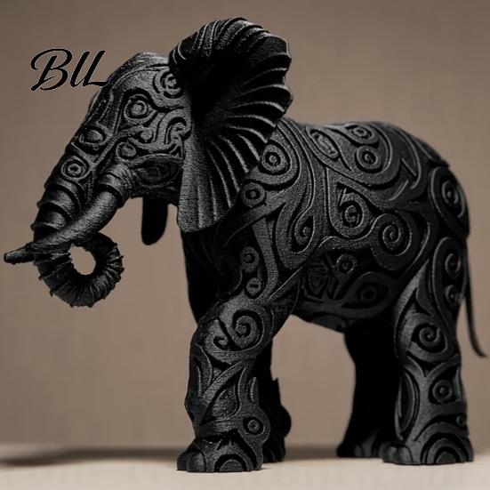 Black Elephant Decoration Figurine 3D Printed Ornament Tribal Style Textured Statue for Home Table Desk Shelf Ethnic Inspired Decor