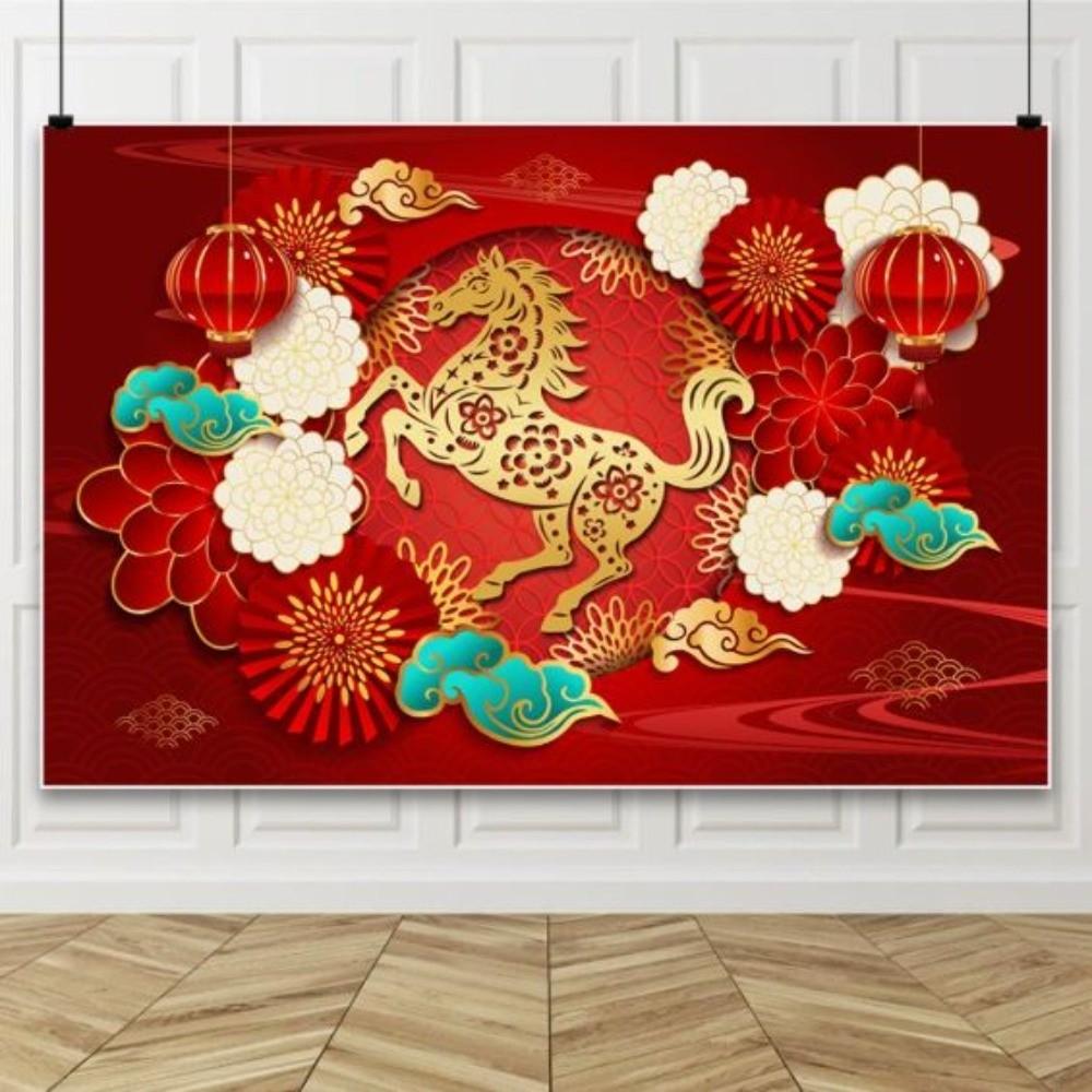 

Red Gold Chinese New Year Decoration New Style Horse Year Party Decoration Spring Festival Lion Dance Traditional Backdrop 1.2 - 0.8M