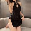 Cosplay Lingerie Chinese Style One Tone Backless Black Cheongsam Dress with Hollow Slit Sexy Exotic Costume