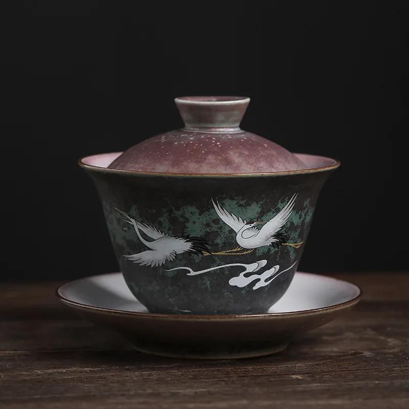 

Sancai Tureen Ceramic Kung Fu Tea Creative Crane Home Queen Cup Tea Bowl Sopera De Ceramica Gaiwan Coarse Pottery Tea Set