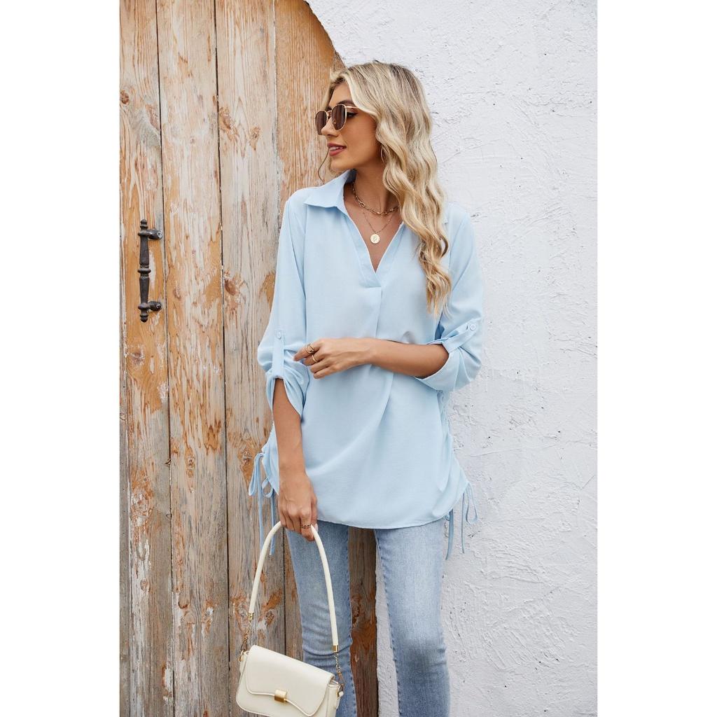 Spring Summer New Women's Solid Color Lapid Loose 3/4 Sleeve Chiffon Shirt Blouse Casual Top for Cross-border