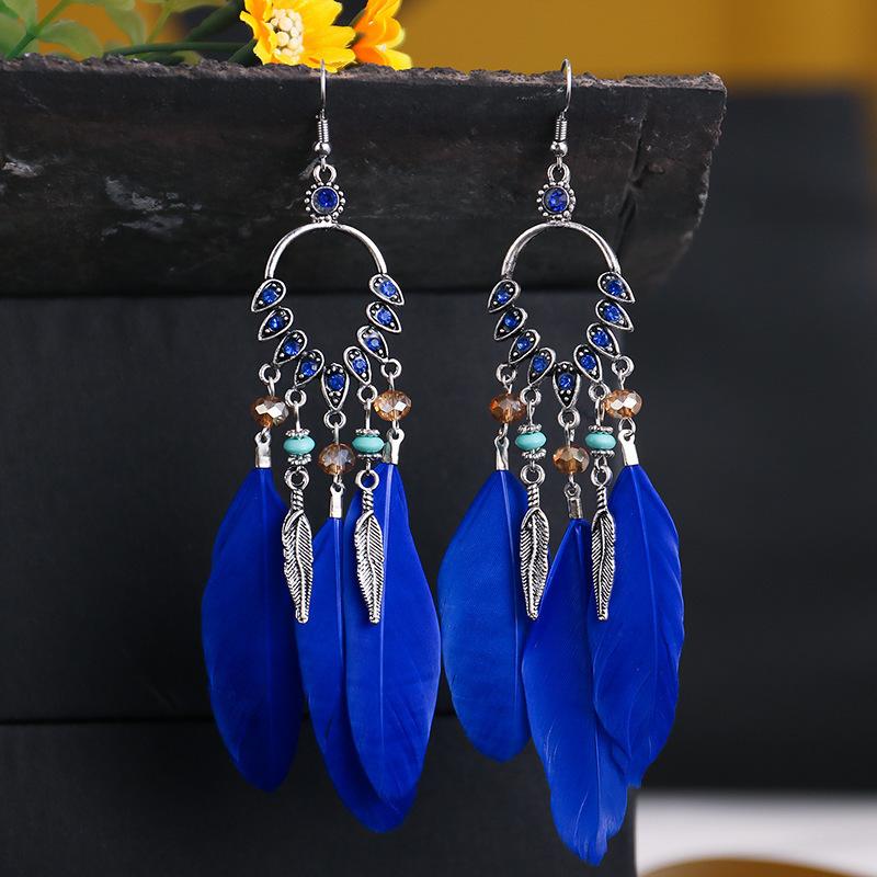 Vintage Bohemian Feather Tassel Earrings Exaggerated Ethnic Vacation Dangle Ear Jewelry Fashion Accessories For Women