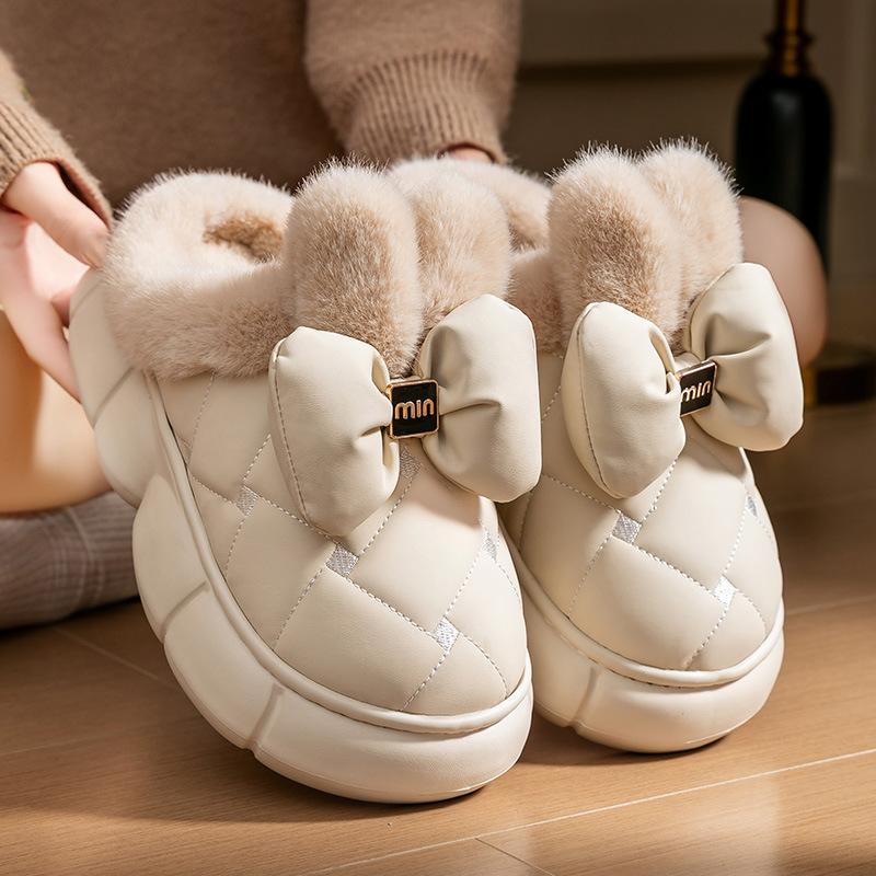 Bow cotton slippers winter piled thickened plush warm non-slip bag and home outdoor cotton shoes winter
