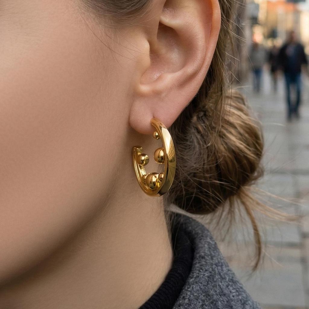 C-Shaped Gold Bead Earrings: European and American Design, Stainless Steel, Thick Gold Plating.