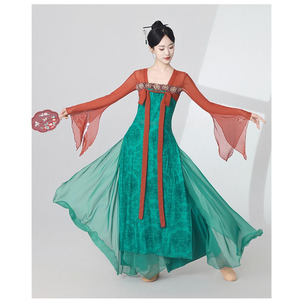 Women's Chinese Classical Dance Costume, Red Green Contrast Color Flowy Chiffon Performance Dress With Long Sleeves