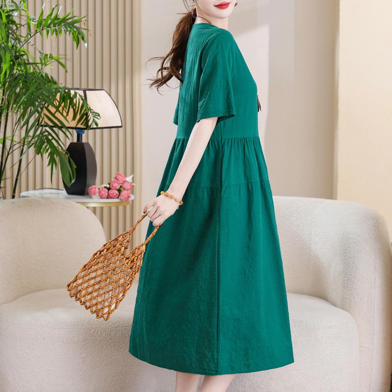 Women's Plus Size Cotton Linen Dress, Loose V-Neck Casual Summer Midi Dress with Pockets (XL-5XL)