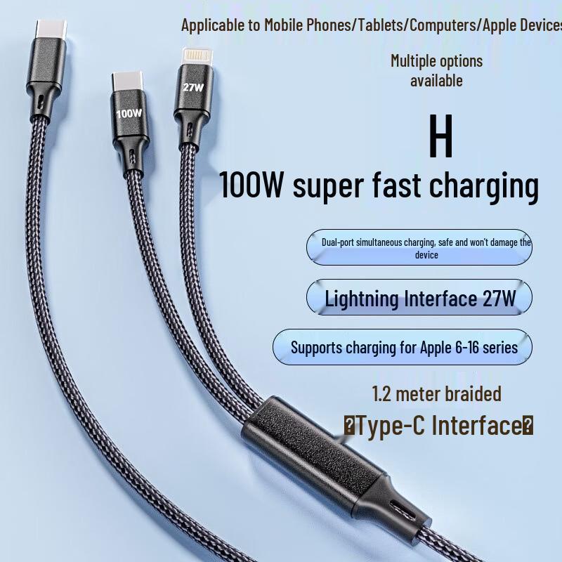 BST Type-C to Dual Type-C 100W Fast Charging Braided Cable 1.2m