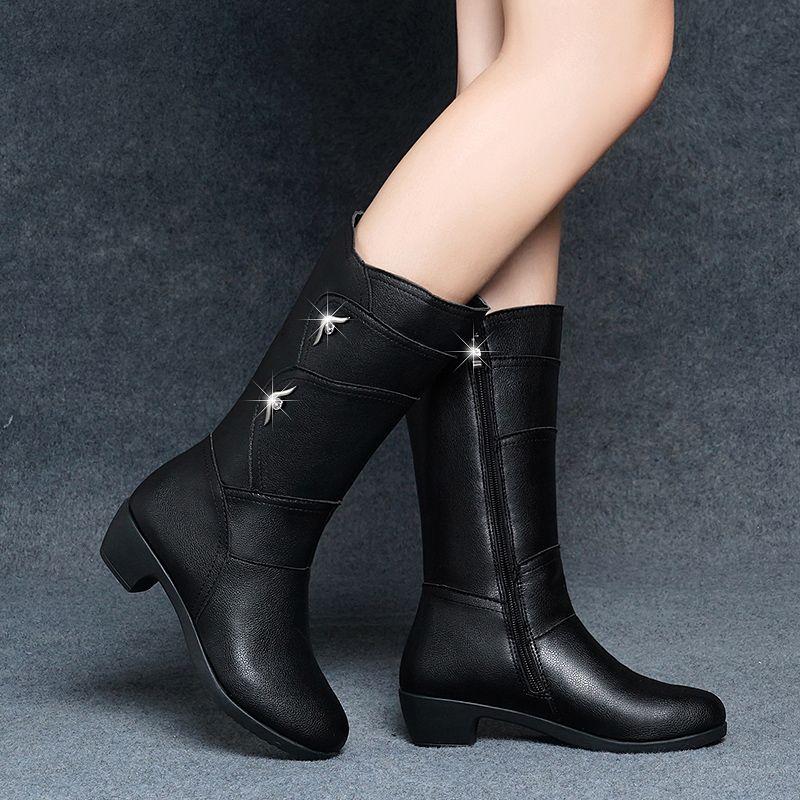 Fashion Autumn Winter Fleece-Lined Black Half High Boots for Women Y2k Waterproof Footwear Sale 2025 Novelty New Pu Mid Calf Shoes Woman
