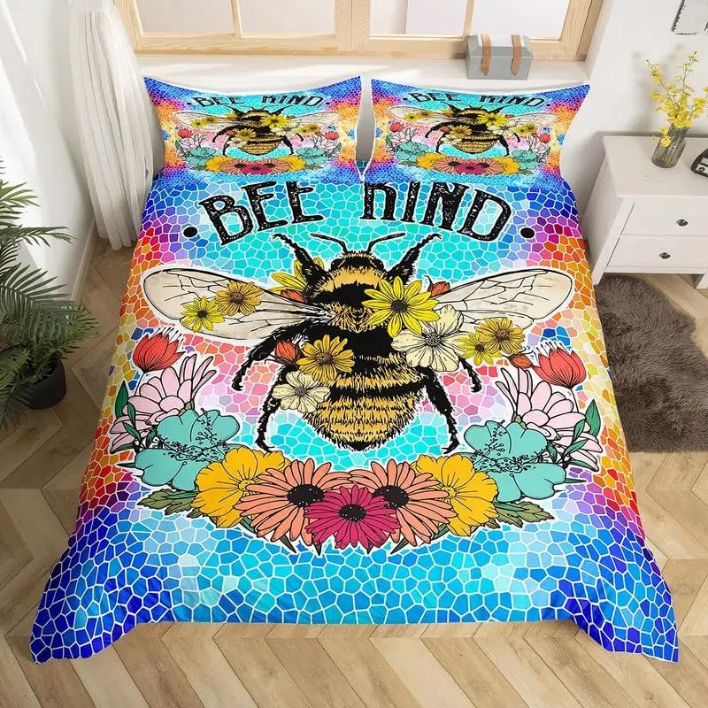 Bee And Butterfly Duvet Cover SetSpring Floral Bedding Sets For Boys GirlsColorful Flowers Country Style Comforter Cover Queen