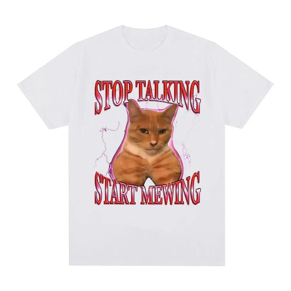 Stop Talking Start Mewing T-Shirt Funny Cute Cat Meme Graphic Short Sleeve T Shirts 100% Cotton Comfort Loose T-shirts Oversized