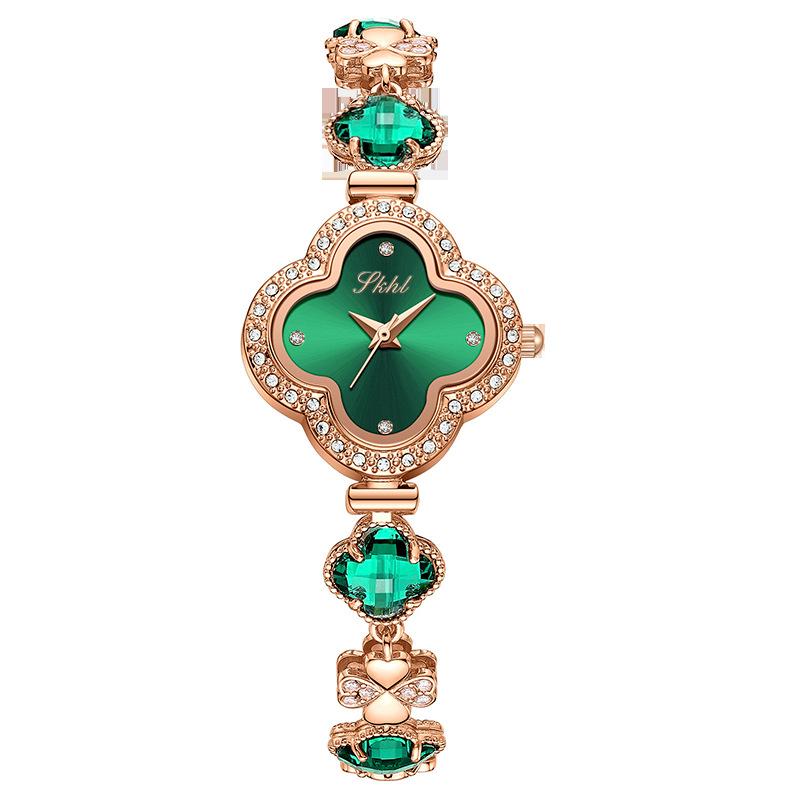 

Новые кварцевые часы с браслетом из четырехлистного клевера и стразами Chalcedony Temperament Compact Lady Fashion Watch