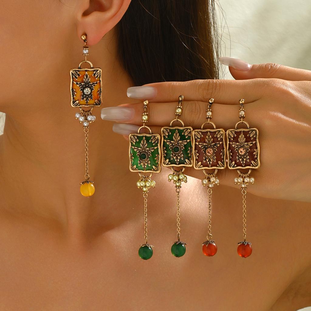 Medieval Vintage Luofu Relief Pearl Long Earrings Retro Court Style Square Brand Heavy Industry Ear Jewelry