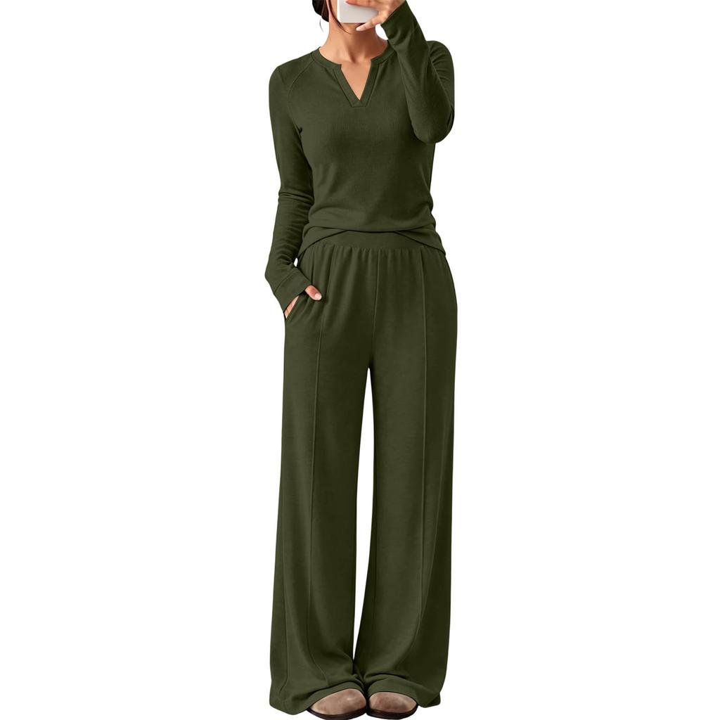 Women's V-Neck Long Sleeve Sweatshirt and Pants Set Casual Two Piece Outfit for Workout and